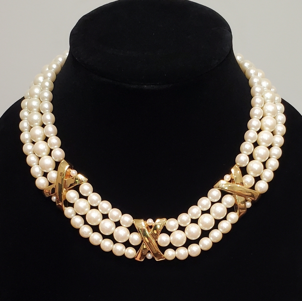 Vintage Unsigned Yellow Gold Tone & White Faux Pearl Three Strand Necklace